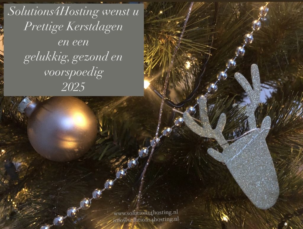 Solutions4Hosting wenst u Prettige Kerstdagen en een gelukkig, gezond en voorspoedig 2025

Kerstboom, slingerkraaltjes, matte gouden kerstbal en een kersthert 